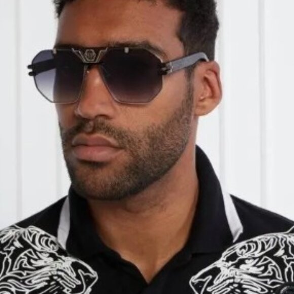 Philipp Plein SPP077M 0302 Sunglasses Black/Gold Aviator Frame, Grey Lenses - Picture 3 of 10